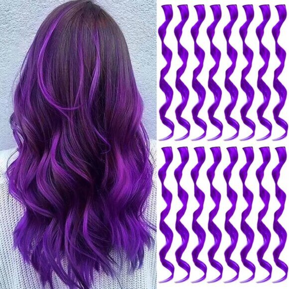 New 16PCS Curly Wavy Purple Streaks Synthetic Hairpiece Clip-in Hair Extensions